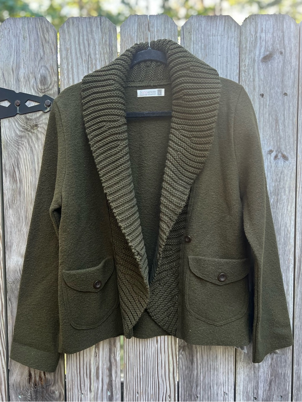 FISHERMAN OUT OF IRELAND Olive Green Shawl Collar Sweater Jacket Women’s Large